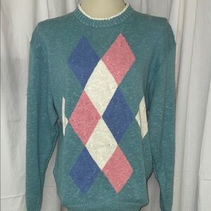 Vintage Par Four Crew Neck Argyle Cotton/Ramie Blend Sweater.  Size Large.  80’s